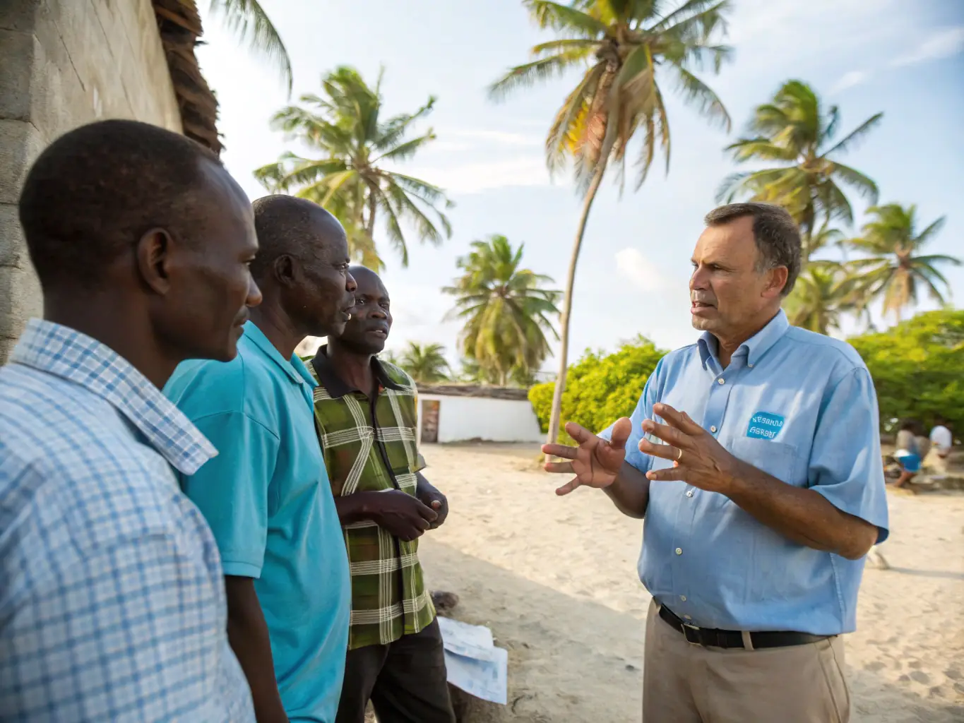 An image depicting a consultant from Clean Healthy Water discussing water treatment options with community leaders on a tropical island, showcasing collaboration and expertise.