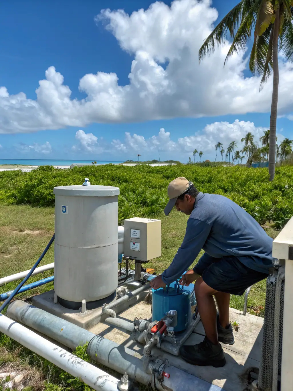 A technician from Clean Healthy Water conducting maintenance on a water treatment system on a remote island, emphasizing the company's commitment to long-term support.