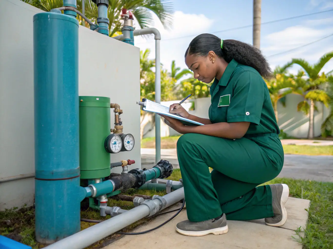 An image showing a technician from Clean Healthy Water performing routine maintenance on a water treatment system, highlighting the company's dedication to long-term support.