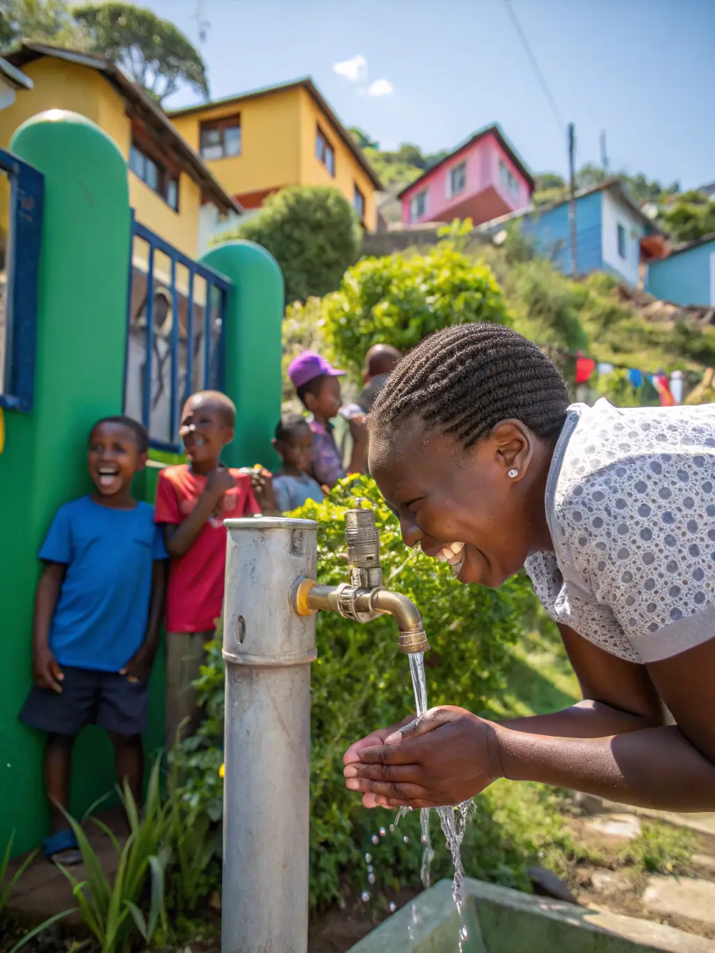 A group of island residents collecting water from a newly installed Clean Healthy Water system, highlighting community engagement and improved access to clean water.